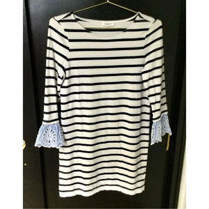 Beachlunchlounge Womens Navy Ivory White Striped Guipure Lace Shirt Dress Small